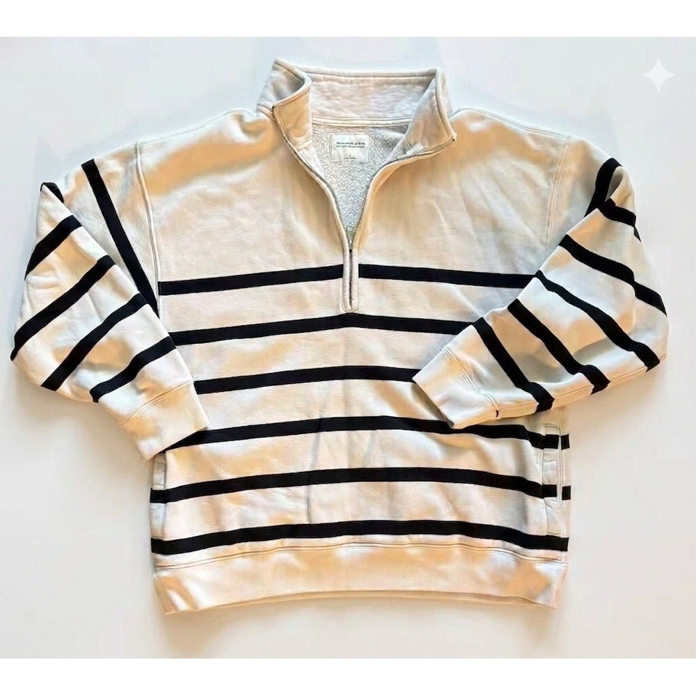 Abercrombie & Fitch Sunday Half Zip Striped Pullover Sweatshirt Grayish  Navy L